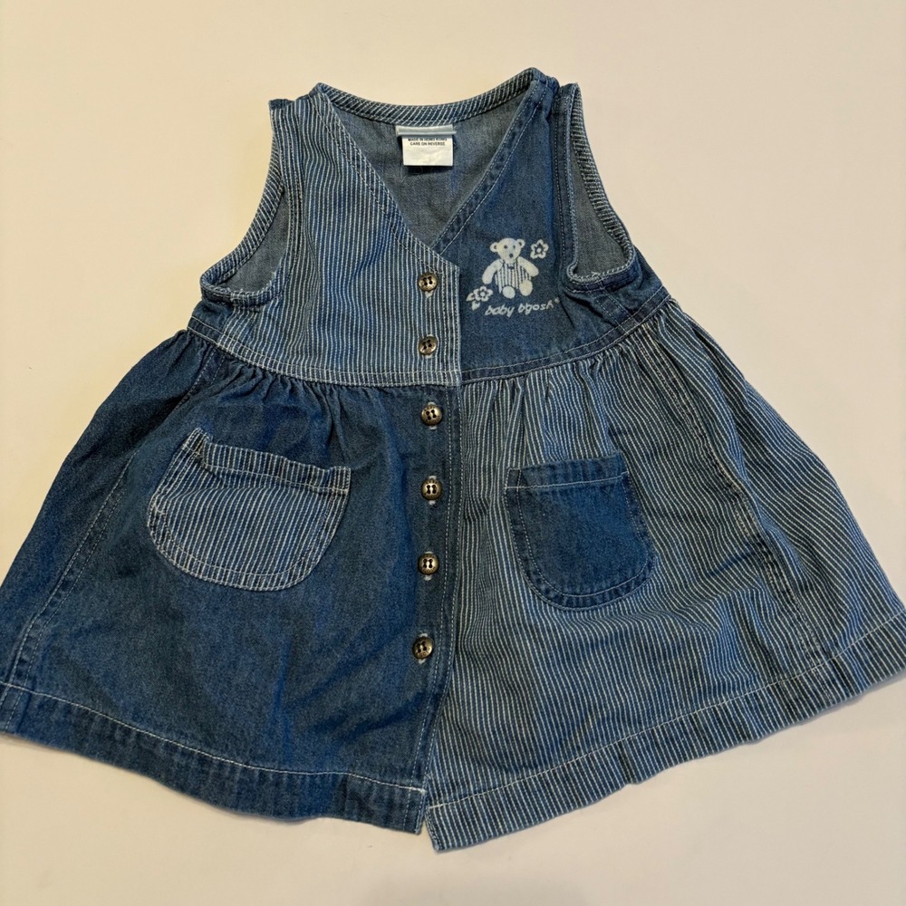 Vintage Oshkosh Baby B'Gosh Striped Denim Dress Infant 12M Jumper Teddy Bear 90s